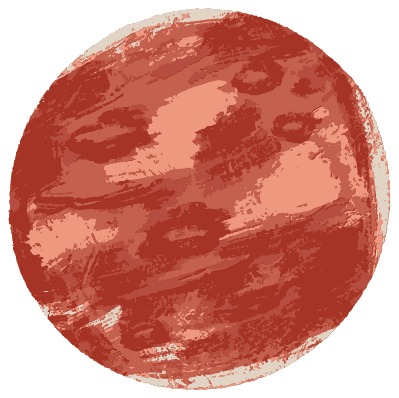 An illustration of Mars painted in brushy red and salmon strokes, its cratered surface textured like dry desert rock.