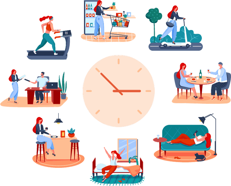 A large clock face ringed by small scenes of one person’s day: exercising, shopping, commuting, working at a desk, eating with a friend and relaxing on a sofa.