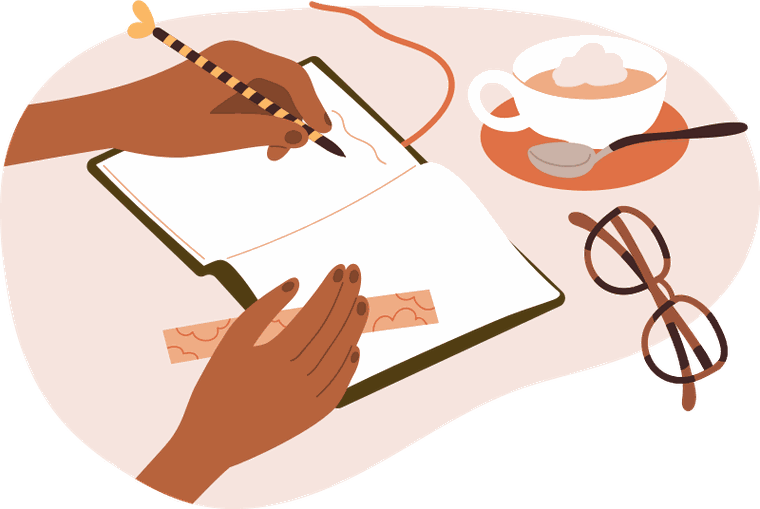 Overhead view of a pair of hands writing notes in an open notebook, beside a cup of coffee and a pair of glasses.