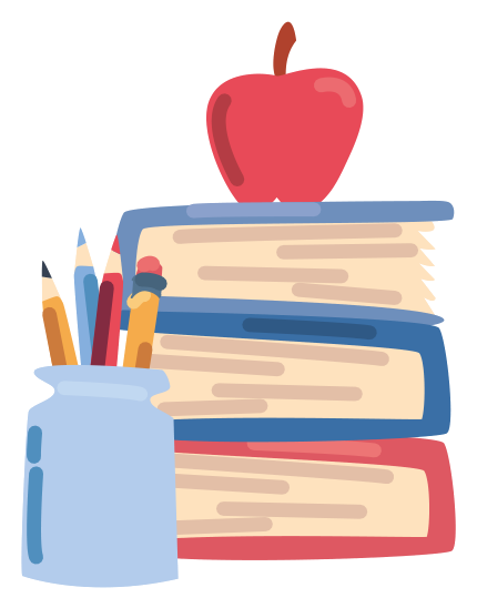A stack of three textbooks topped with a red apple, next to a jar holding pencils.