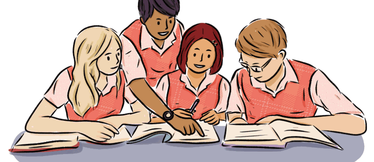 Four students in school uniform lean over open books at a shared table, working through a problem together.