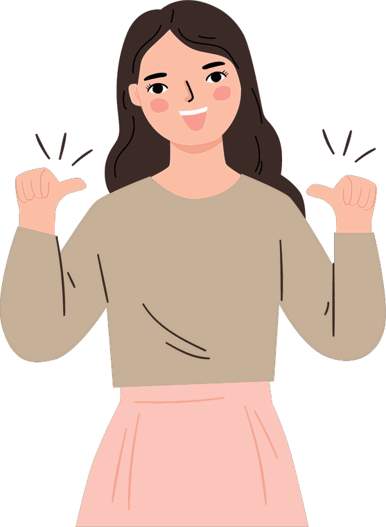 An illustration of a smiling student pointing both thumbs at herself, looking pleased and self-assured.