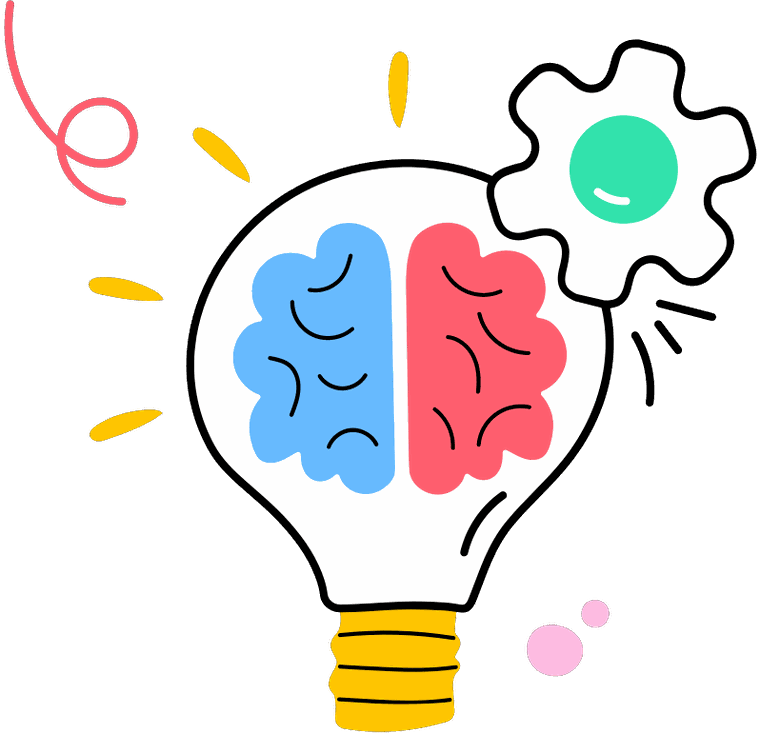 An illustration of a lightbulb containing a two-coloured brain, with a cog turning beside it, representing new skills clicking into place.