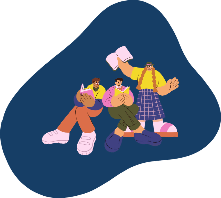 Illustration of three students perched together on a ledge, each absorbed in reading a different book.