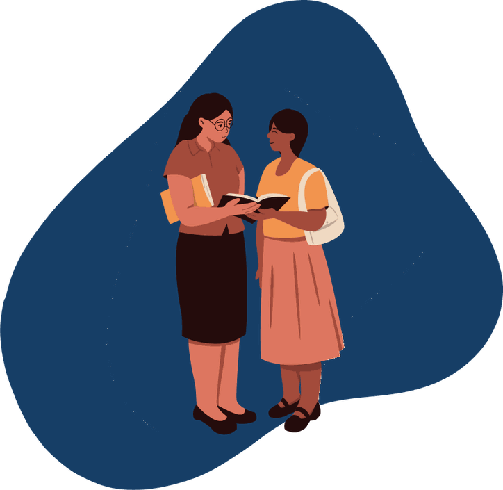 Illustration of a student and an adviser standing side by side, looking together at an open book the adviser is holding.