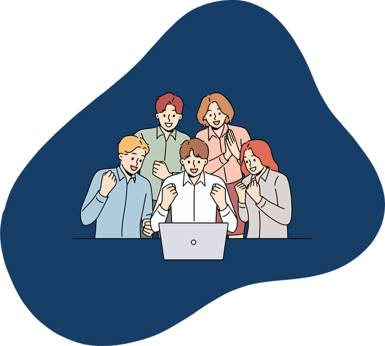 Illustration of five students clustered around a laptop, cheering with raised fists as they see good news on the screen.
