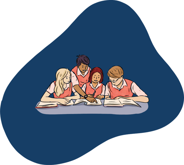 Illustration of four students in school uniform leaning over open textbooks at a shared desk, one pointing something out to the others.