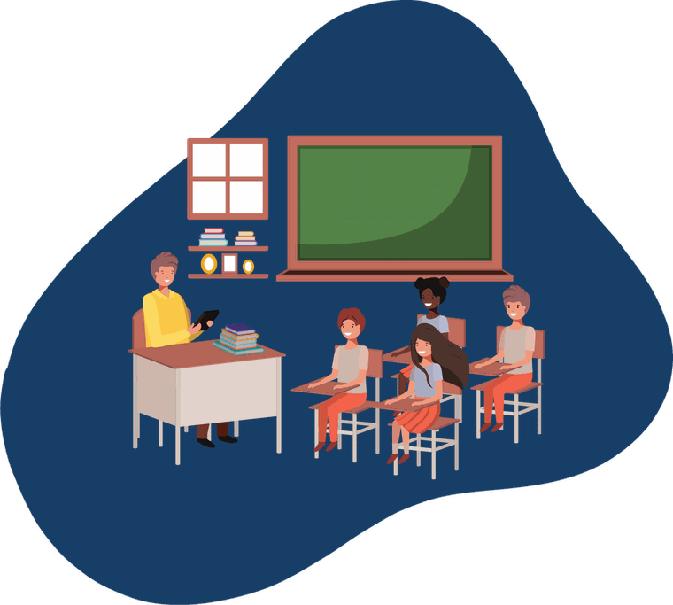 Illustration of a classroom: a teacher at a desk with a stack of books, facing five students seated at individual desks in front of a blackboard.