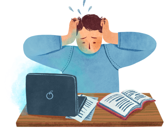 Illustration of a stressed student holding their head while sitting at a desk with a laptop and open textbook