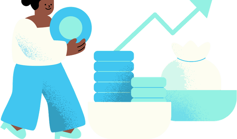 Illustration of a student holding a large coin beside a stack of coins, a money bag and an upward-climbing arrow, suggesting the opportunities that build up in high school.