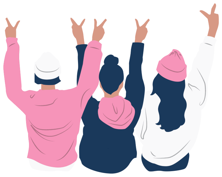 Illustration of three friends seen from behind, sitting close together with their arms raised and fingers held up in celebration.