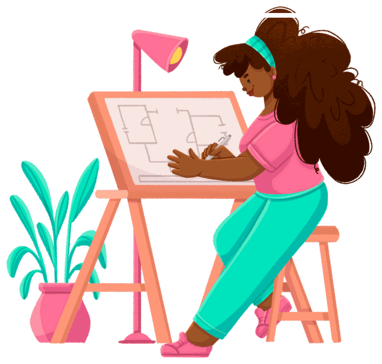 A student sitting at an angled drawing board under a desk lamp, sketching a design idea in pencil during the summer break.