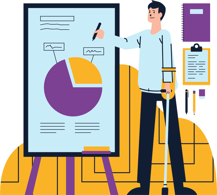 A student standing beside a presentation board, pen in hand, pointing to a pie chart while presenting their design work, with a clipboard, notepad and pens alongside.