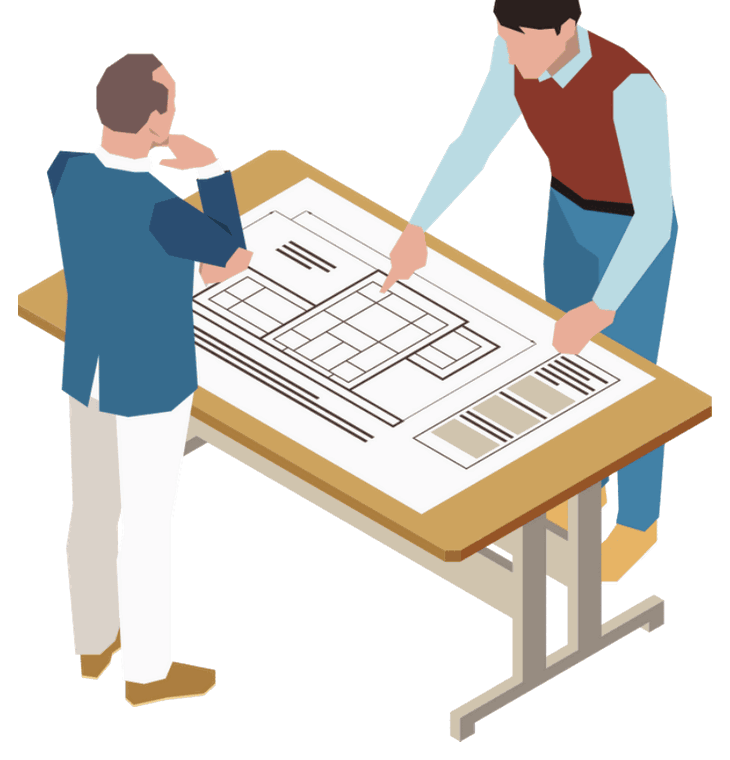Two design and technology students standing at a drafting table, studying a large technical drawing of a product together.