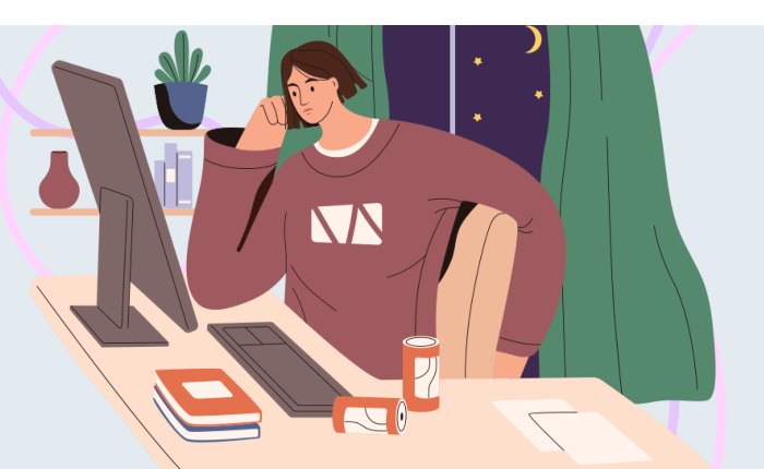 Illustration of a student revising at a desk with a monitor, books and a warm bedroom scene behind