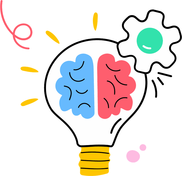 A lightbulb containing a blue and red brain, with a cog turning beside it, drawn as a doodle.
