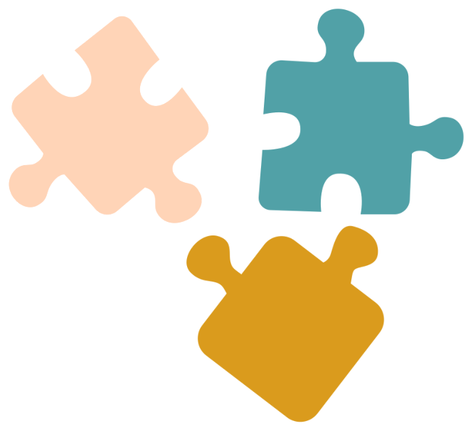 Three jigsaw puzzle pieces in cream, teal and mustard, drifting apart as if waiting to be fitted together.