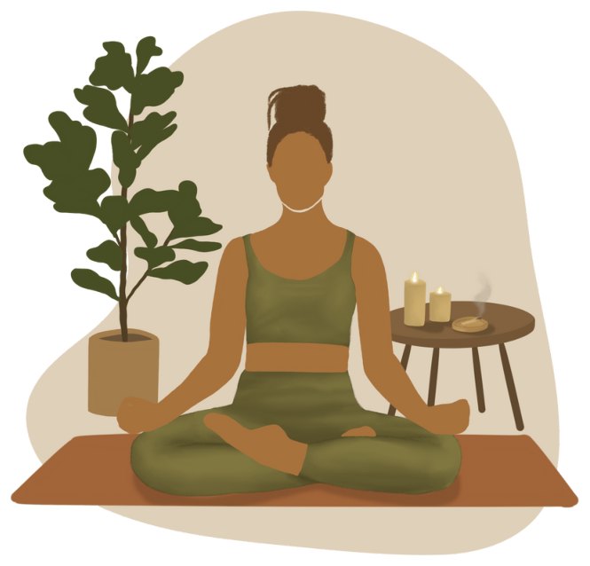 A student sitting cross-legged on a yoga mat with eyes closed, meditating beside a potted plant and a small table of lit candles.