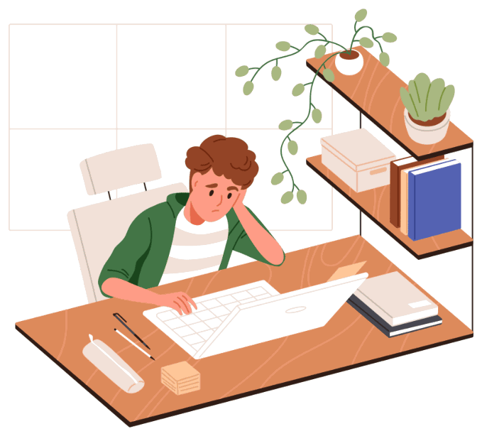 A student resting their chin on one hand at a wooden desk, working through a paper exam script beside a pencil, notebooks and a shelf of plants and books.