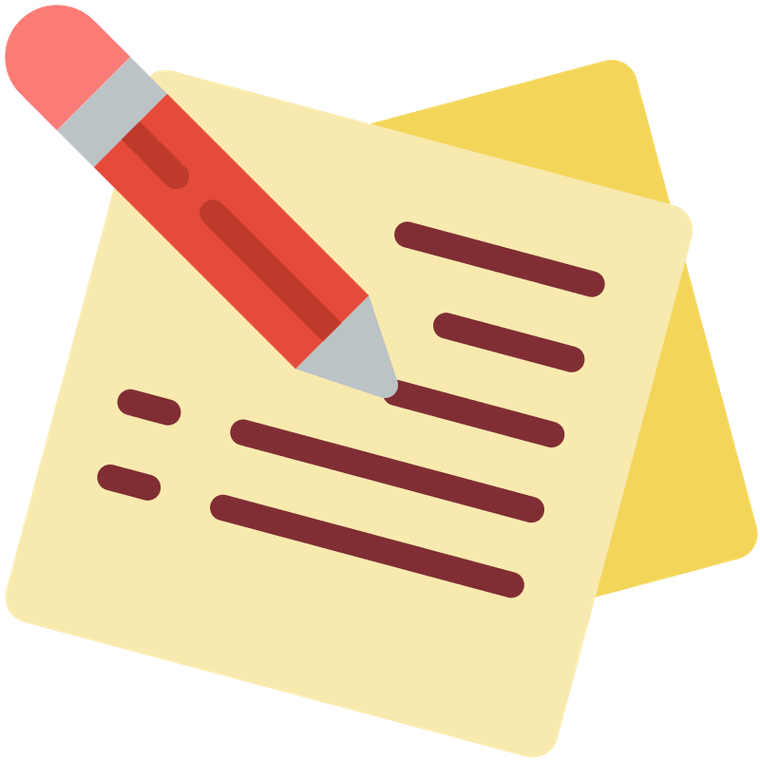 Illustration of a red pencil resting on a yellow notepad filled with handwritten lines of notes.