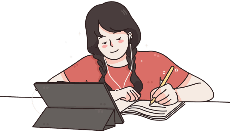 Illustration of a student in a red T-shirt writing in a notebook beside a propped-up tablet, working calmly through one topic at a time.