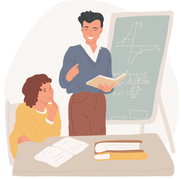 Illustration of a tutor holding an open book and explaining a maths problem on a chalkboard to a seated student, who listens with her chin resting on her hand.