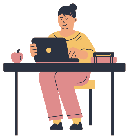 Illustration of a student working at a desk on a laptop, with an apple and a stack of books beside her.