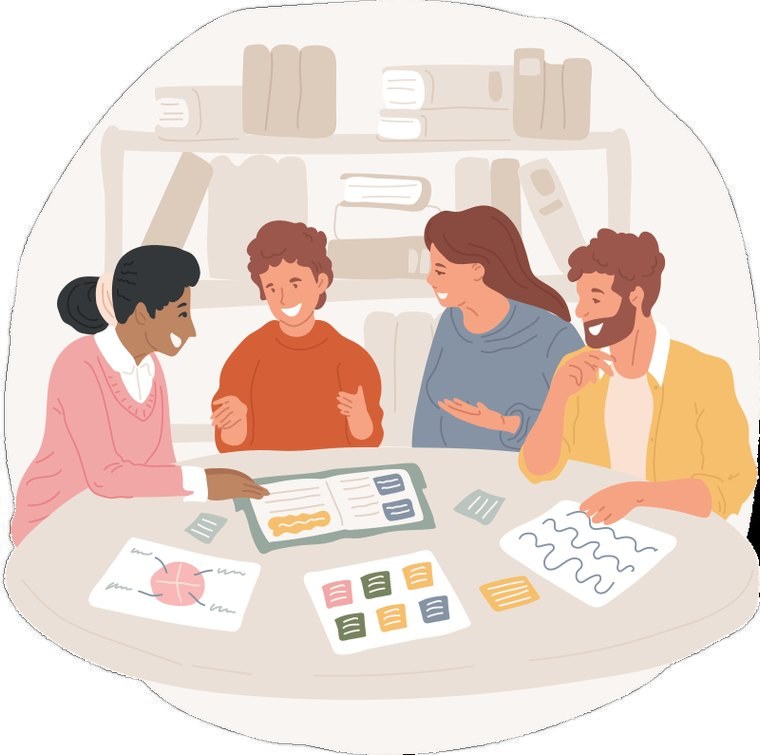 Illustration of four students sitting around a table in a library, smiling as they go through marked work and notes together.