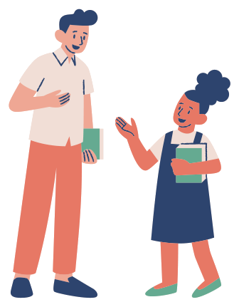 Illustration of a teacher talking with a student, both holding books, as he explains his comments on her work.