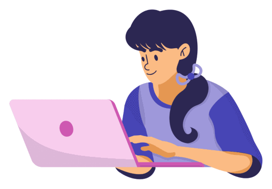 A student with long dark hair tied back sits typing at a pink laptop, working through an online task.